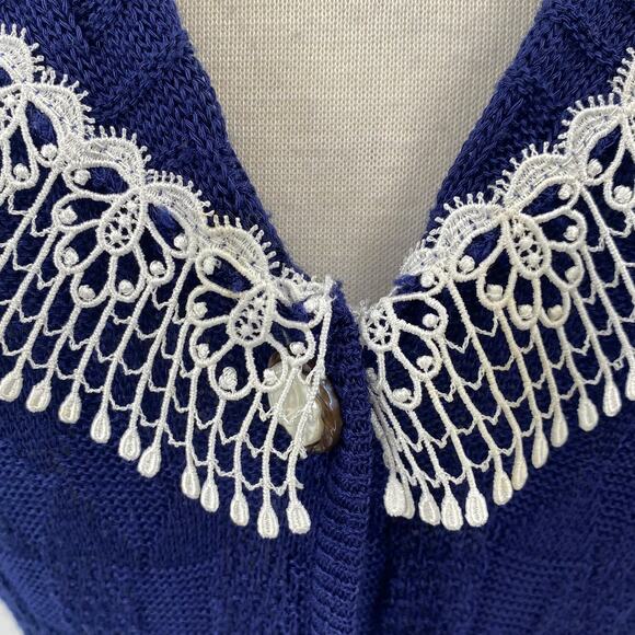 Vintage 2 Piece Skirt Set Crochet Knit Lace Trim Button Front Navy Blue XS/Small - Picture 5 of 12